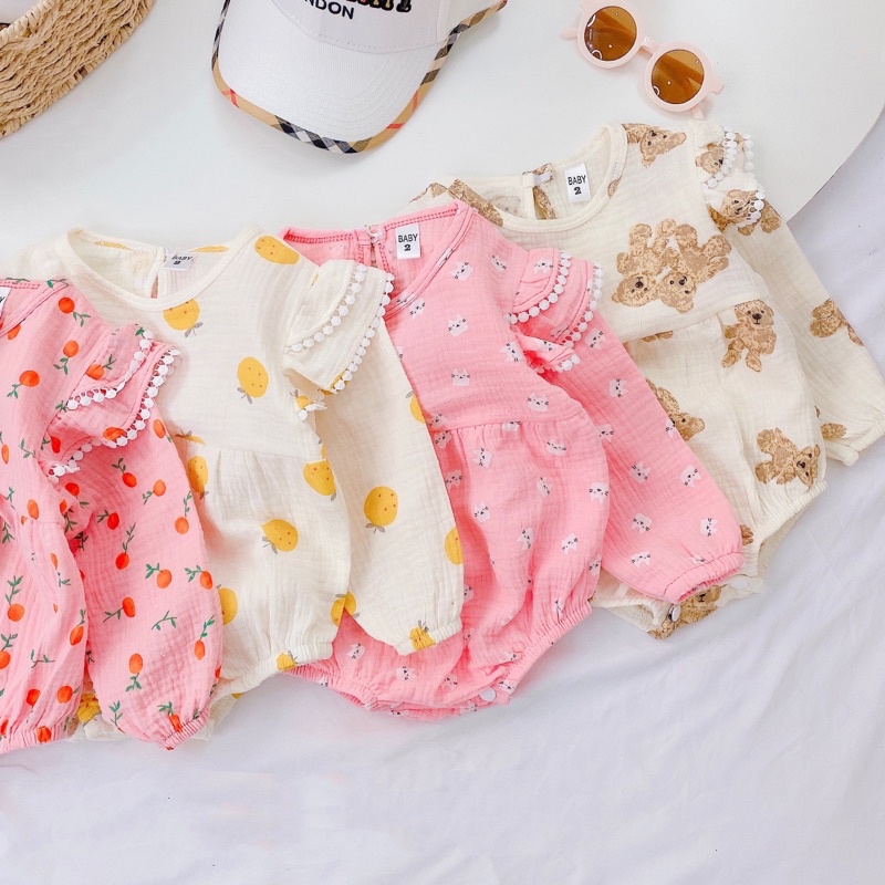 Bodysuit Dài Tay Xô Muslin Cho Bé Gái Sơ Sinh 0-12 Tháng, Váy Đầy Tháng.