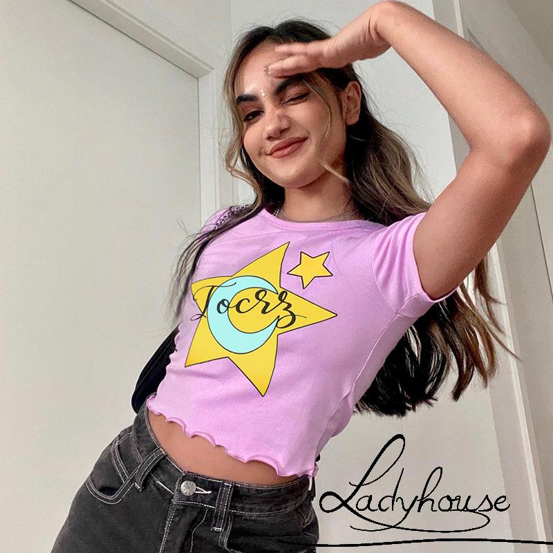 Áo Croptop Tay Ngắn In Họa Tiết Mặt Trăng Ngôi Sao Thời Trang Mùa Hè Cho Nữ