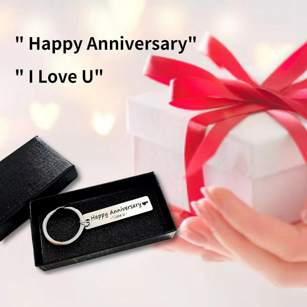 Móc Chìa Khóa Bằng Thép Không Gỉ Khắc Chữ Happy Anniversary Kèm Hộp Đựng