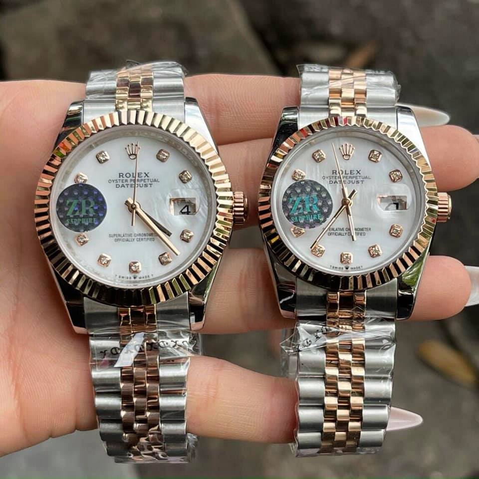 Đồng hồ Nam Rolex máy nhật mặt khảm trai 3 kim 1 lịch đơ mi vàng chạy cơ automatic hồng 41mm