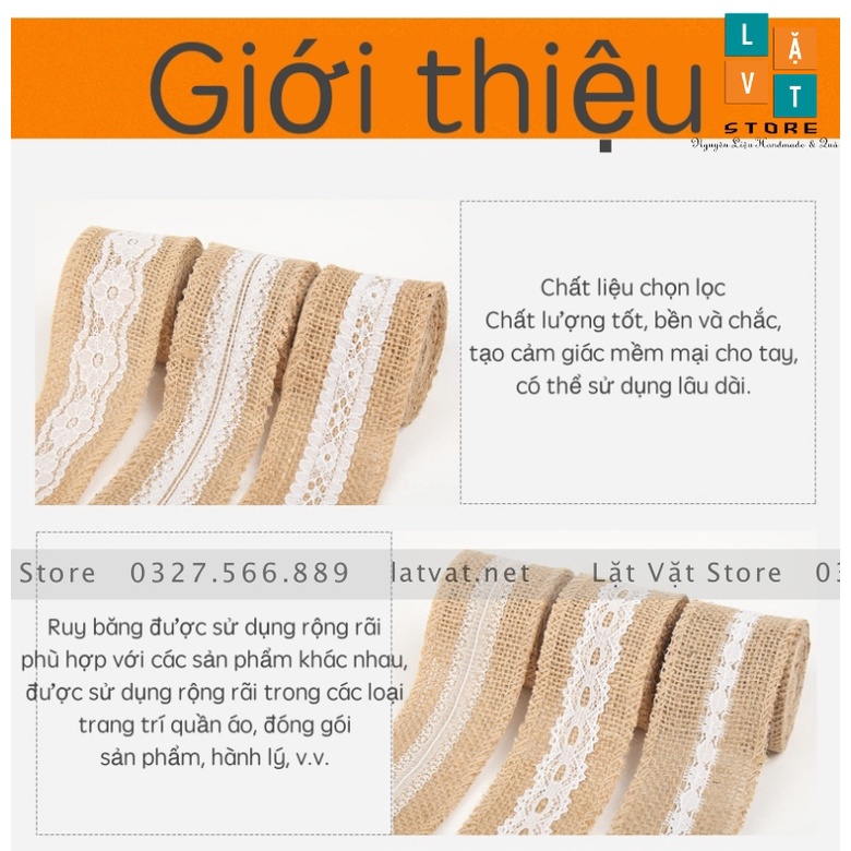 Ruy băng vải bố có ren trắng DIY trang trí, handmade, tiệc cưới, Giáng sinh làm từ sợi đay, ribbon Decor.