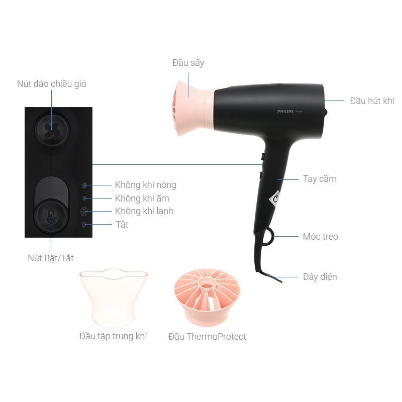 Máy sấy tóc Philips công suất 2100W, chất liệu an toàn, nhiệt độ an toàn cho tóc, bảo hành 2 năm chính hãng - BHD350