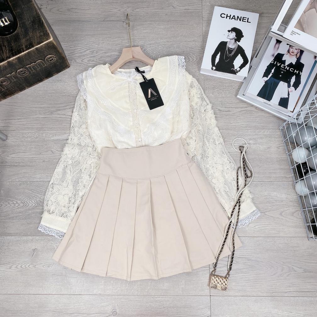 [ 𝐅𝐑𝐄𝐄 𝐒𝐇𝐈𝐏 ] SÉT CHÂN VÁY XẾP LY MIX ÁO SƠ MI REN HOA NỔI ( CÓ LÓT TRONG ) HÀNG L1