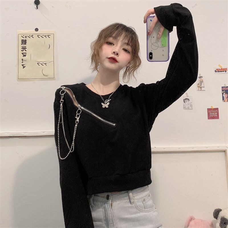 Áo Sweater Trễ Vai Cổ Tròn Tay Dài Dáng Rộng Màu Đen Phong Cách Hàn Quốc Thời Trang Xuân Thu Cho Nữ 2021