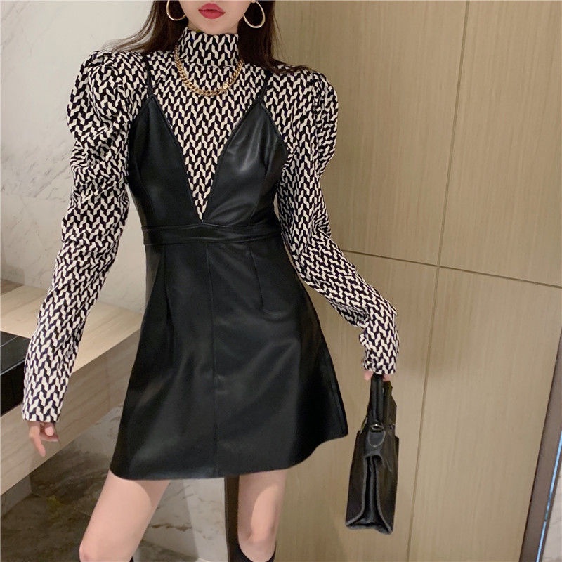 Set Áo Cổ Lọ Tay Phồng + Đầm Da Hai Dây Sọc Ca Rô Thời Trang 2022 Trẻ Trung Cho Nữ