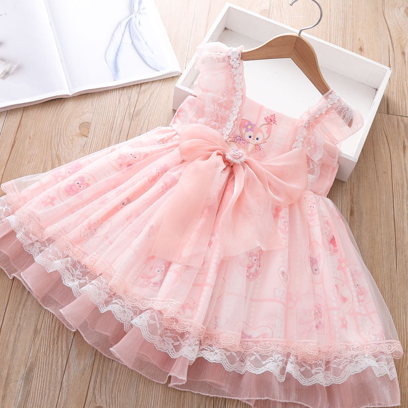 Đầm Lolita Sát Nách Phối Nơ In Họa Tiết Hoạt Hình Thời Trang Mùa Hè Cho Bé Gái