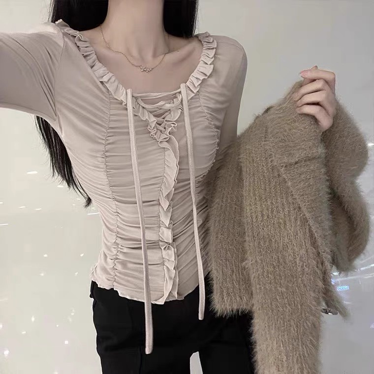 Áo Nhún Bèo Dây Rút Tay Dài LSEOUL A2364 Nhiều Màu Ngọt Ngào Nữ Tính