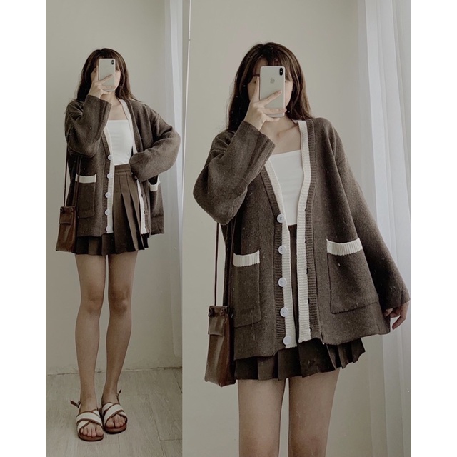 Áo khoác cardigan len viền/ Áo len cardigan form rộng tay dài kẻ ô kiểu ulzzang cổ V, áo khoác len nữ dệt kim túi viền