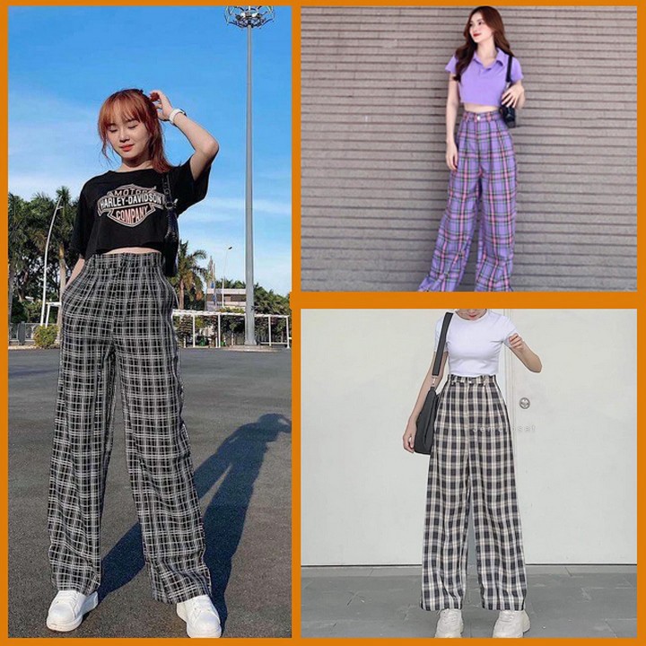 Quần kẻ caro cúc giả lưng thun dáng rộng ulzzang dưới 60kg | BigBuy360 - bigbuy360.vn