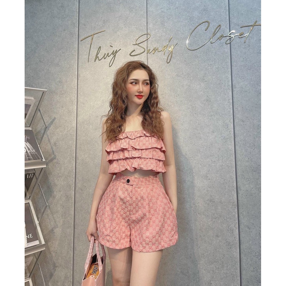 Sét Áo Trể Vai Cúp Ngực Xếp Ly Tầng Mix Quần Short Đùi Chất Kaki Khoá Đồng From Chuẩn Shop