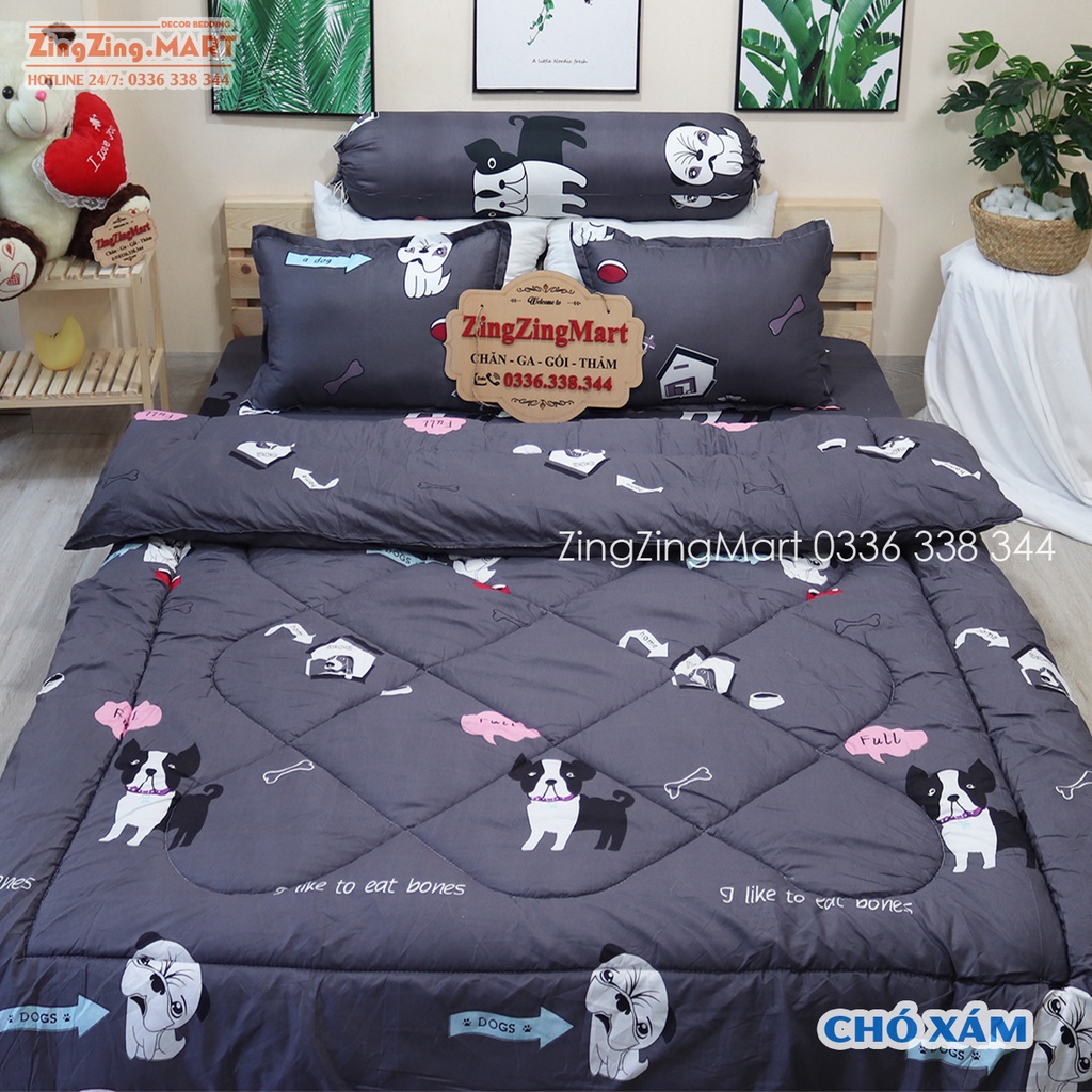 Chăn phao ga gối m4 sét 5 món - 1 Chăn bông + 1 ga bo chun + 2 vỏ gối nằm + 1 vỏ gối ôm