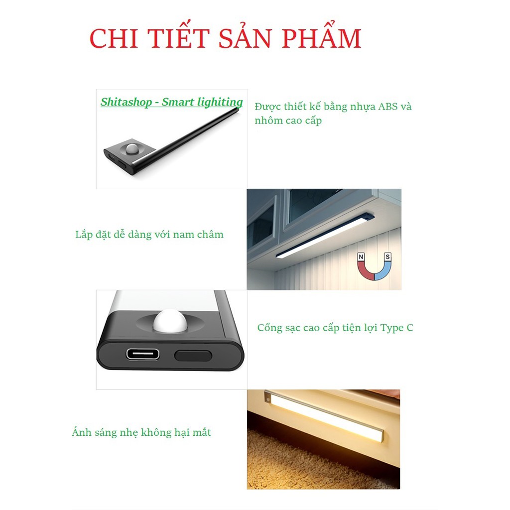 Đèn LED gắn tủ tự động sáng , pin sạc dài 60cm 40cm 23cm dùng gắn tủ quần áo , tủ chén , cầu thang tích hợp pin sạc