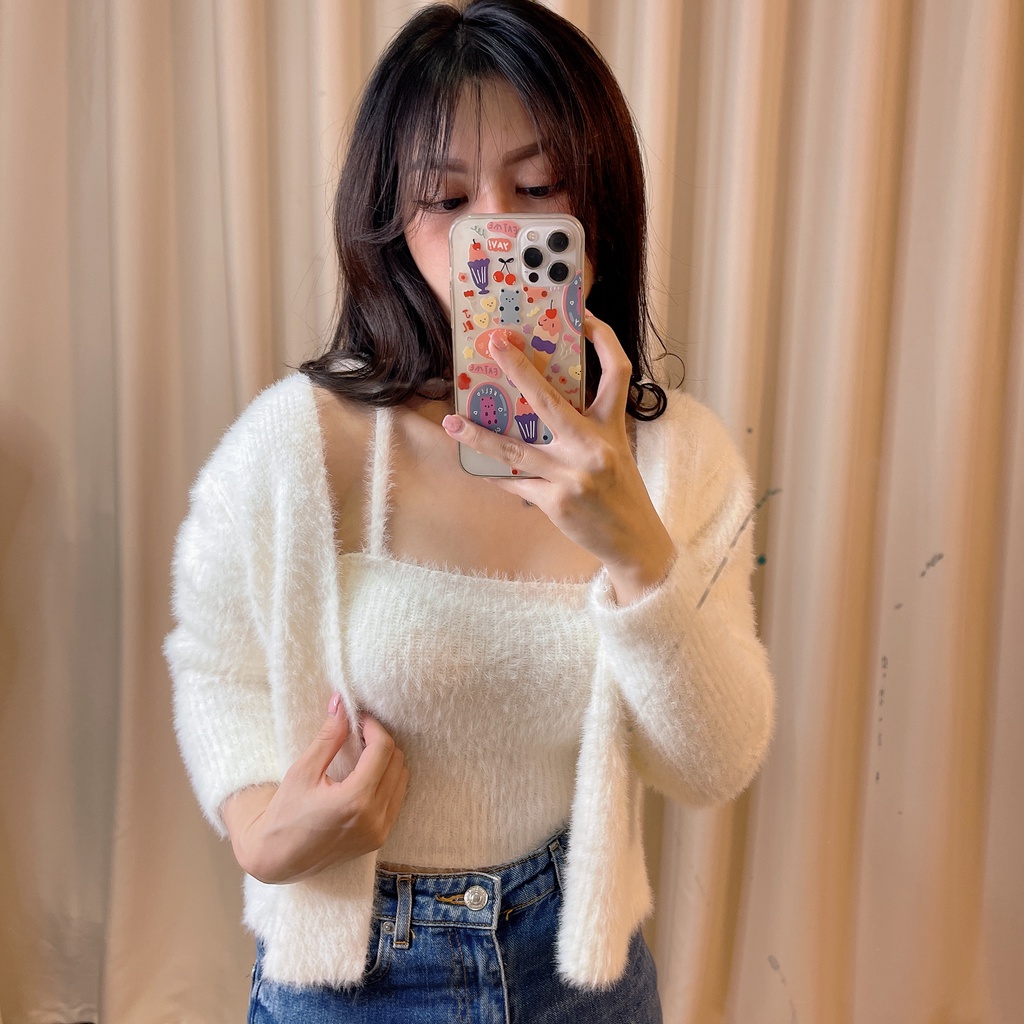 Áo len cardigan nữ , Set Áo Khoác Kèm Áo Hai Dây Chất Len Lông Hàng QC Có Video Kèm Ảnh Của Shop Saluna