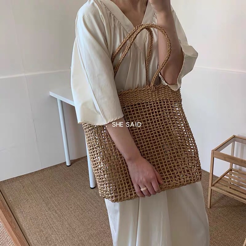 Túi Cói Đan Vuông Vintage Đi Biển Xinh Xắn