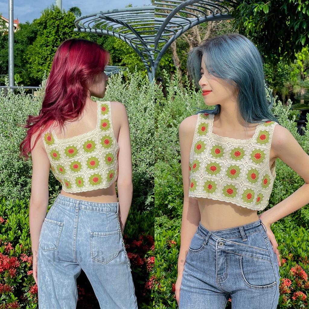 Áo croptop nữ 2 dây bản to Hoa mặt trời, áo croptop cổ vuông crt len ôm body - Jeanboo