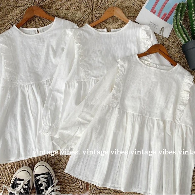Áo sơ mi trắng phối bèo tay bo, Áo sơ mi trắng phối bèo tay bo kiểu dáng babydoll