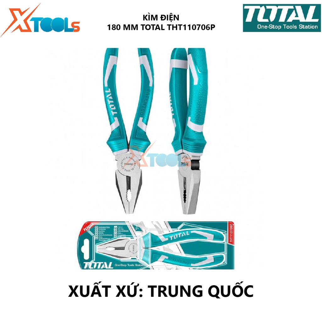 Kìm điện TOTAL THT110706P | kềm răng Kích thước 7''/180mm, CR-V, Chất liệu PP + TPR, Trọng lượng 0,2 kg bấm, cắt, tuốt (