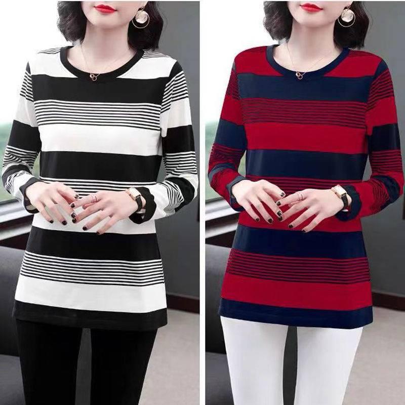 Áo thun tay dài họa tiết kẻ sọc plus size cho phụ nữ trung niên