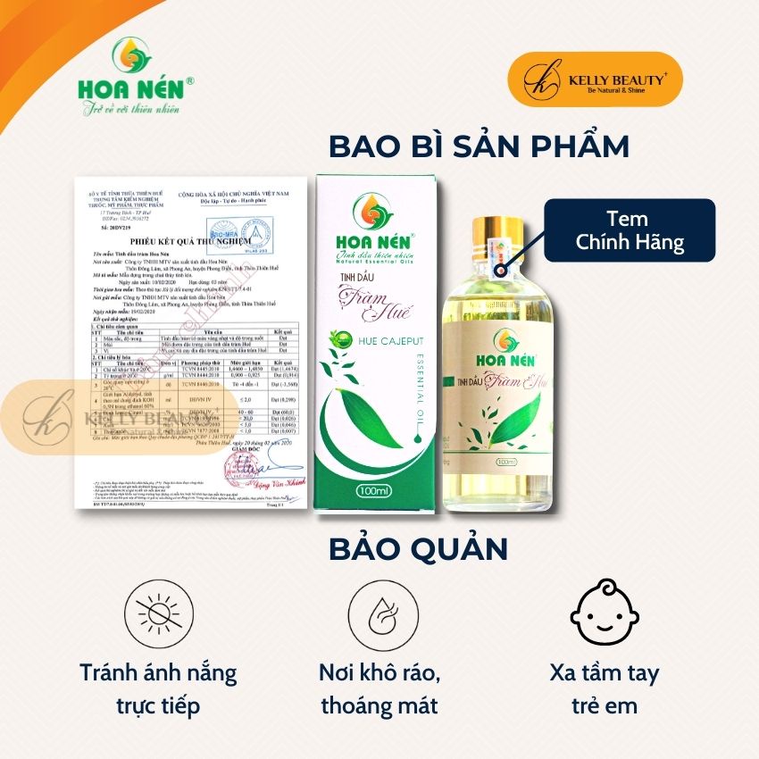 Tinh Dầu Tràm Huế HOA NÉN 100ml - Giữ Ấm, Phòng Cảm Cúm, Ho, Côn Trùng Cắn, Muỗi Đốt; Giảm Đau Khớp | KELLY BEAUTY