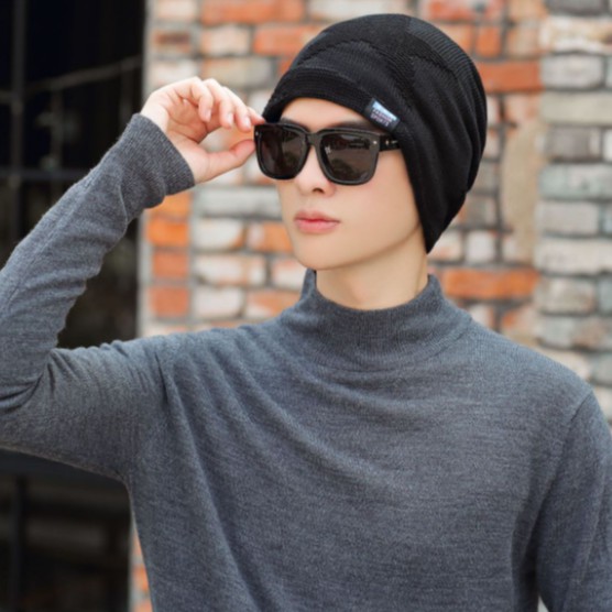 Bộ mũ len kèm khăn lót nỉ cho nam phong cách Hàn, sét nón len 2 trong 1 nam cao cấp