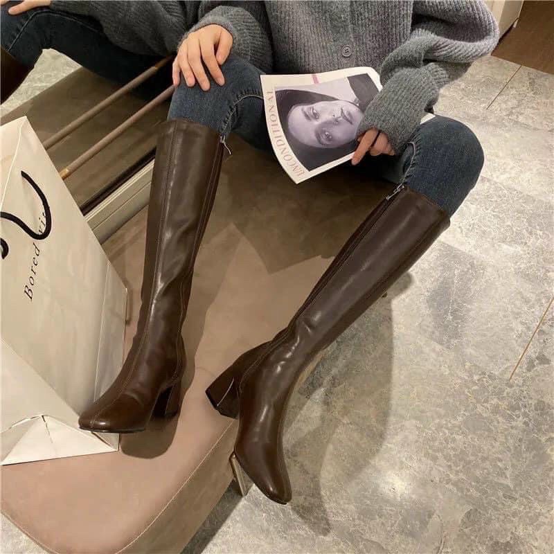 Giày Bốt Nữ| Bốt đùi dưới gối ulzzang da lì mềm lót nỉ êm 6.5cm quảng châu loai 1 Ảnh thật