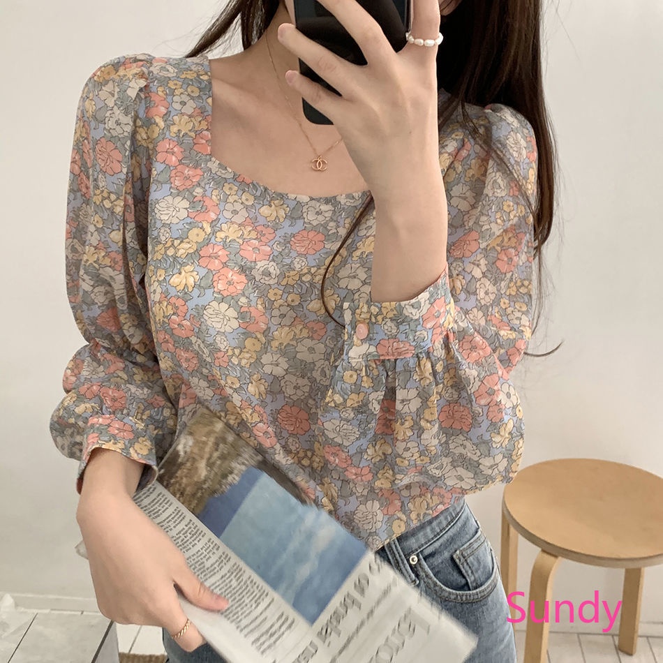 Áo sơ mi cổ vuông tay dài dáng rộng phong cách mùa thu cho nữ