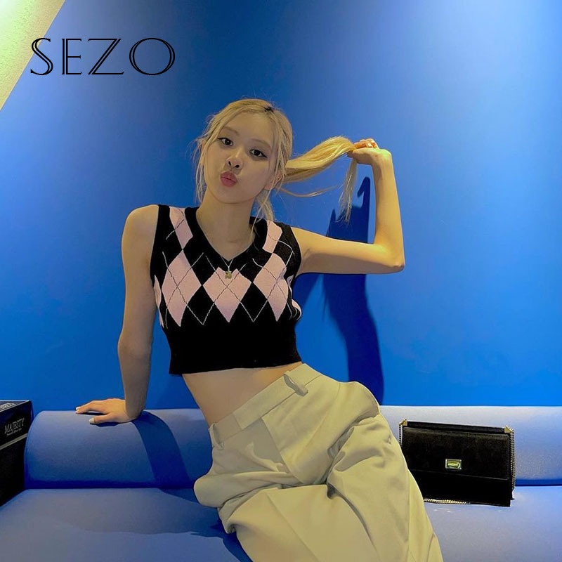 QKOOLE  Áo dệt kim không tay cổ chữ V màu sắc tương phản phong cách retro cho nữ