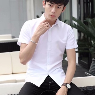 Áo sơ mi lụa tay ngắn form body, hình thật, áo sơ mi lụa, Áo sơ mi trơn màu