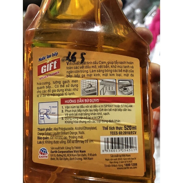 Nước lau bếp Gift 520ml tinh dầu cam chai vòi xịt kitchen cleaner