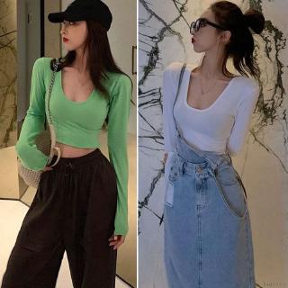 Áo thun croptop màu trơn tay dài cổ chữ U thời trang cho nữ
