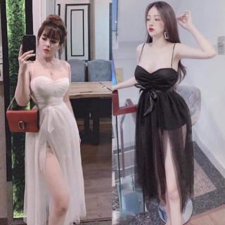 Đầm lưới xẻ đùi thắt nơ eo