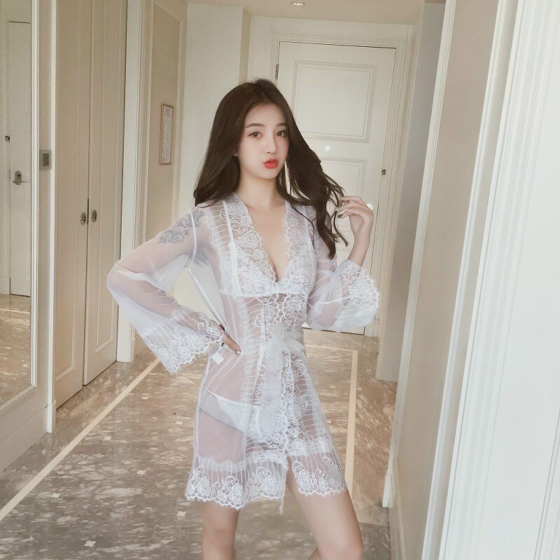 Che tên sp, Set đồ lót ren kèm áo choàng xuyên thấu siêu sexy