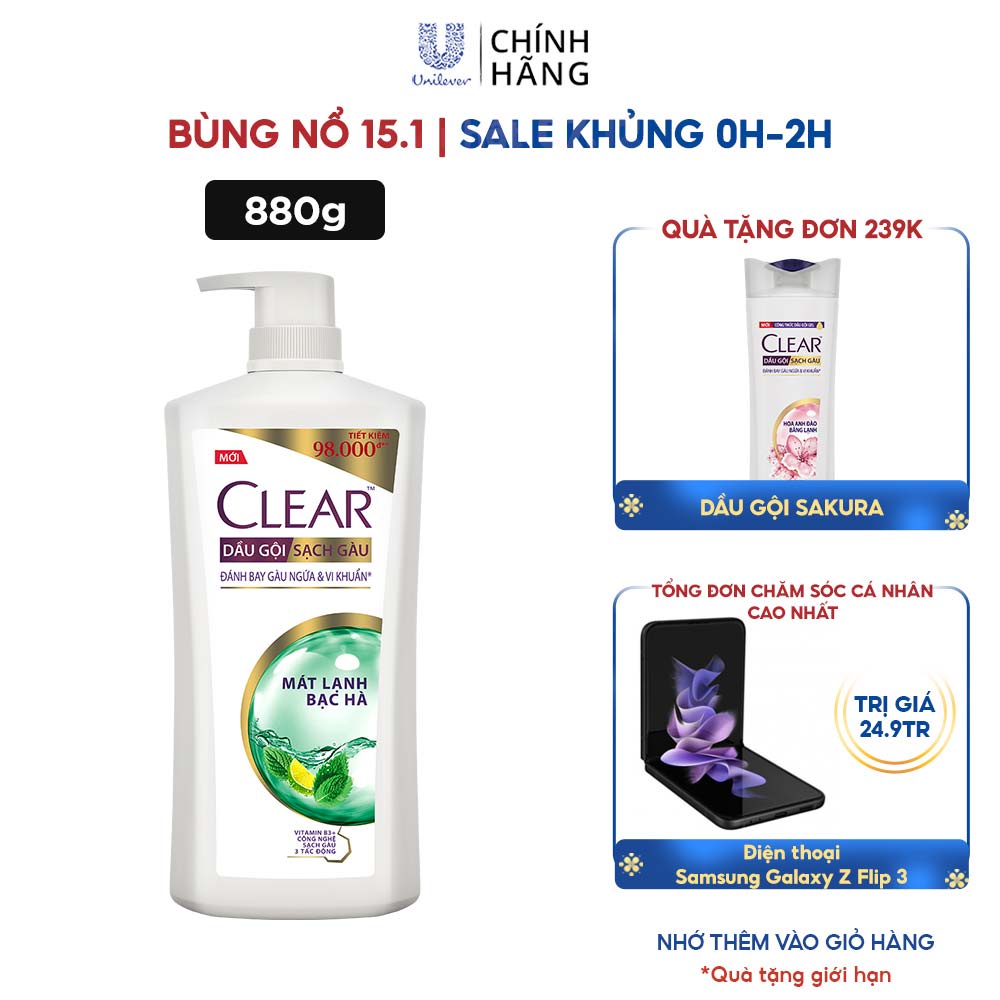 Dầu gội đầu Sạch Gàu Clear Mát Lạnh Bạc Hà Đánh Bay Gàu Ngứa Vi Khuẩn 880g