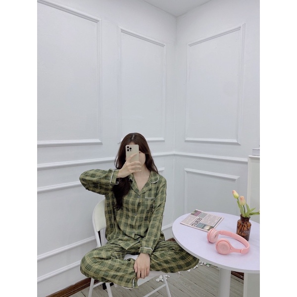Bộ pijama bộ mặc nhà kẻ đũi áo dài quần dài nam nữ mang được pijama đôi couple thu đông 2022