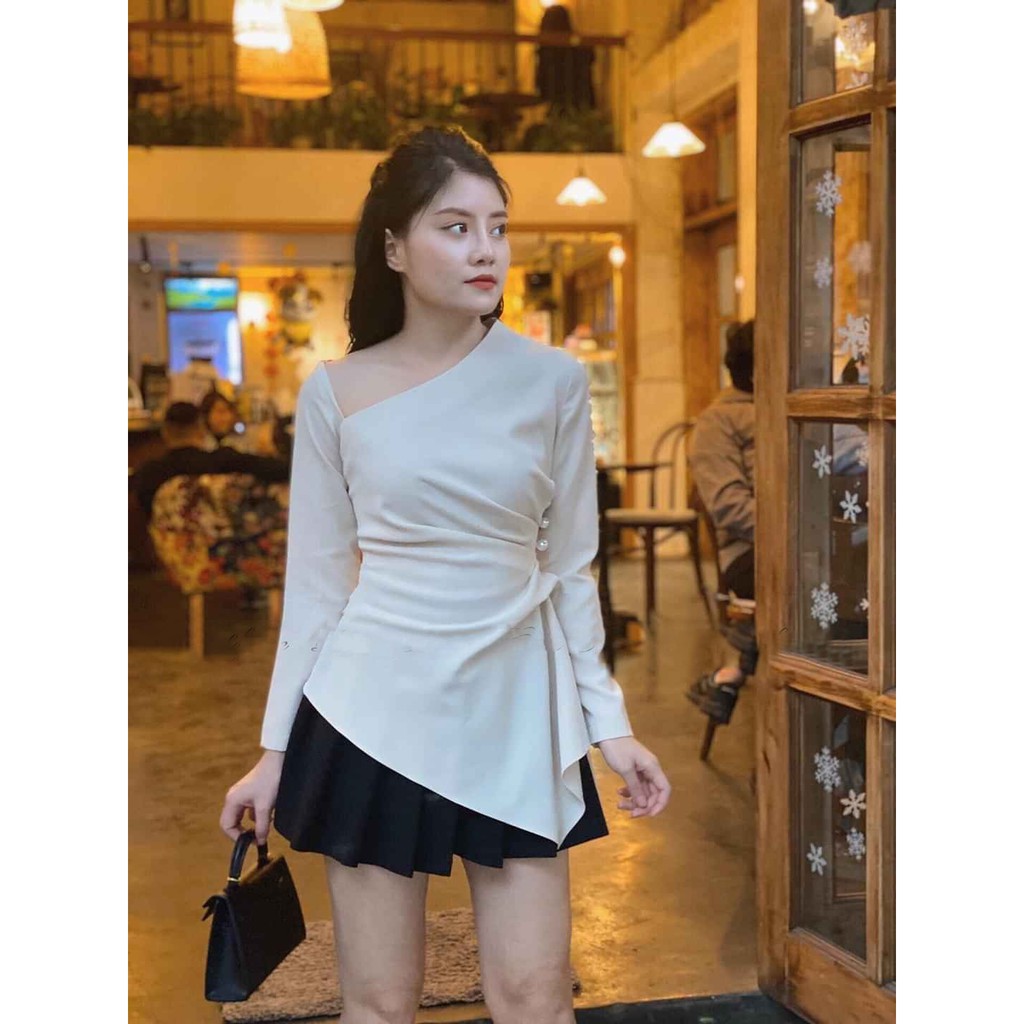 Áo sơ mi kiểu lệch vai vạt chéo