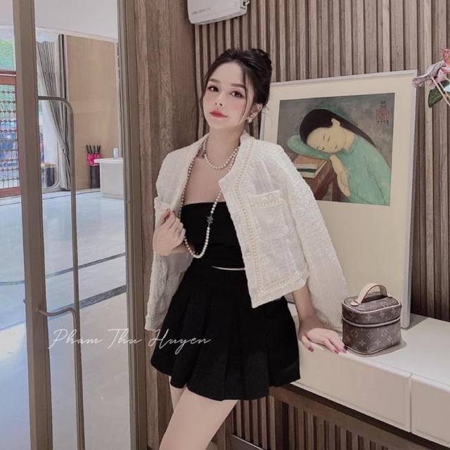 HÀNG 2 LỚP Áo Dạ TWEED Viền Ngọc Tay Dài, Áo Khoác Nữ Cao Cấp