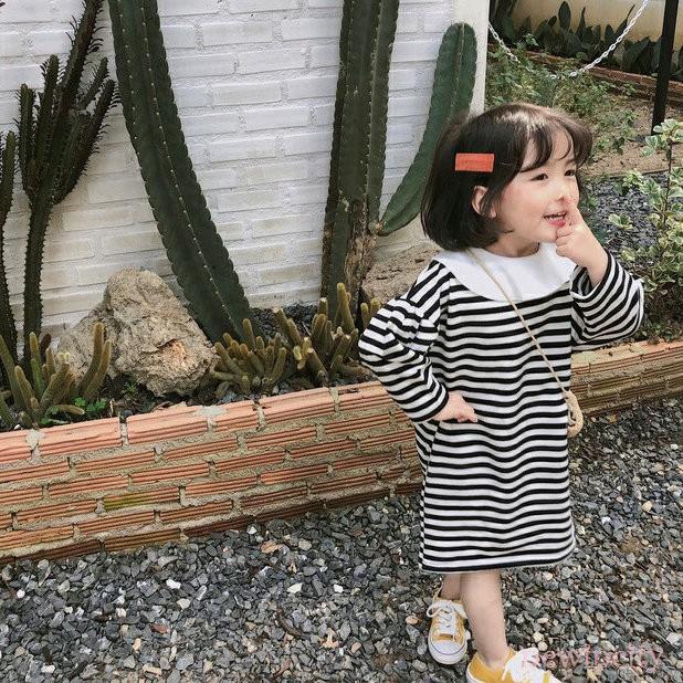 Đầm công chúa tay dài cổ búp bê kẻ sọc dễ thương phong cách Hàn Quốc thời trang xuân thu dành cho bé gái