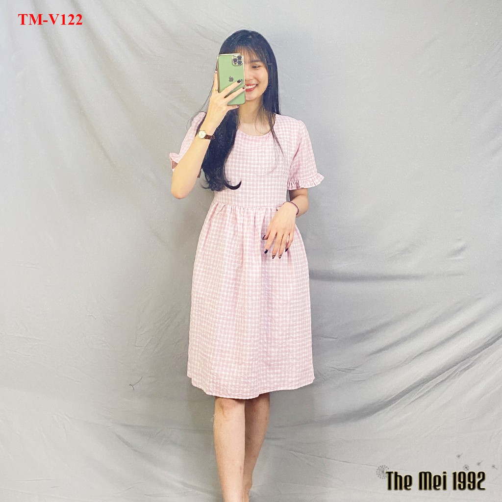 Váy suông nữ The Mei 1992- Đầm bầu bigsize cổ vuông chất cotton cao cấp mát mịn kẻ caro tay ngắn siêu xinh