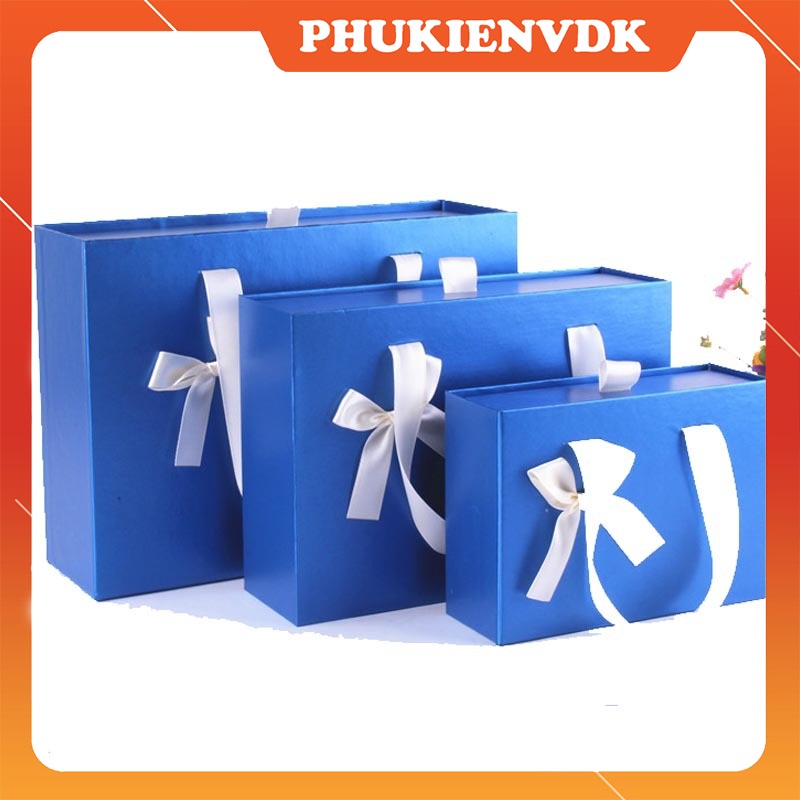 Hộp Quà Tặng Sinh Nhật Kèm Túi Màu Xanh Gắn Nơ Trắng Dạng Kéo Cao Cấp