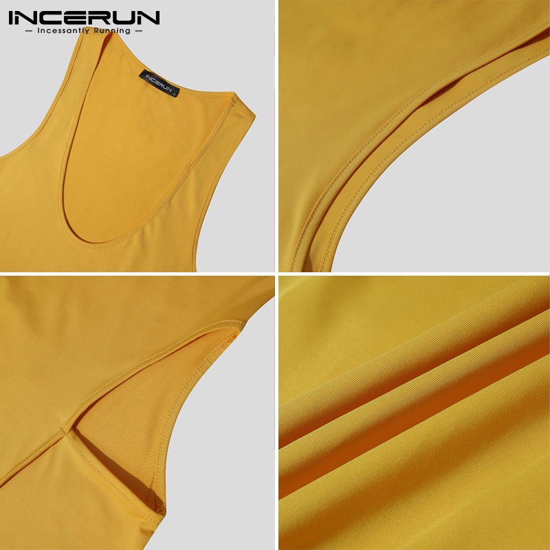 Bộ áo liền quần INCERUN không tay cổ chữ v sâu khoét lỗ hở dáng ôm vừa vặn màu trơn thời trang cho nam