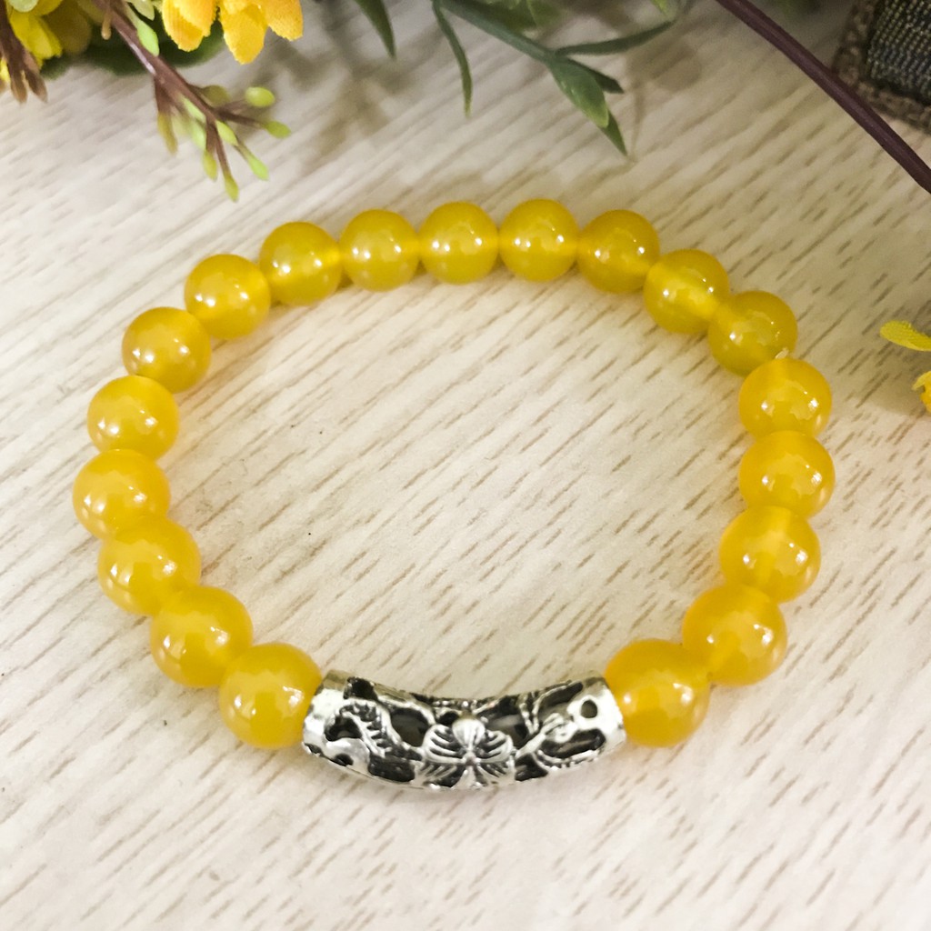 Vòng Tay Cho Mệnh Kim ( Thổ ) - Vòng Tay Nữ Mã Não Vàng 8mm Mix Charm Cầu Bạc V344V-8