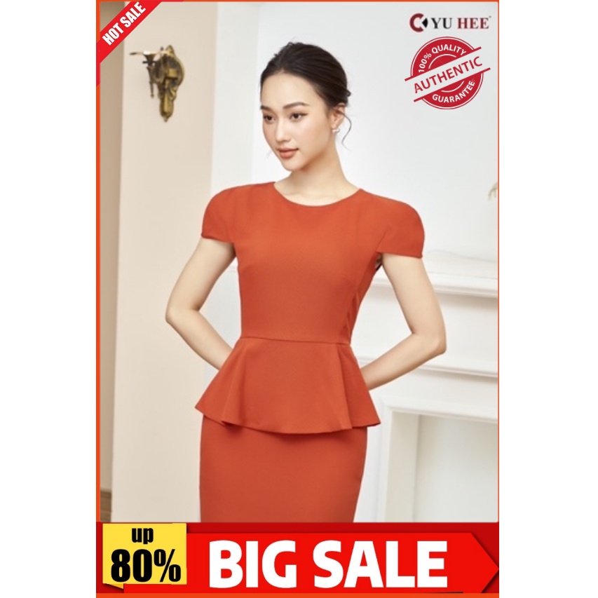 Đầm thiết kế body qua gối peplum cổ tròn tay búp hoa;cao cấp 2 lớp YuHee