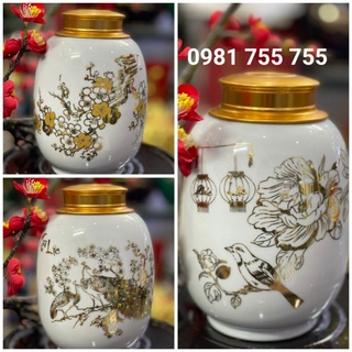 Hũ đựng chè vẽ vàng_lọ đừng trà gốm sứ bát tràng cao cấp