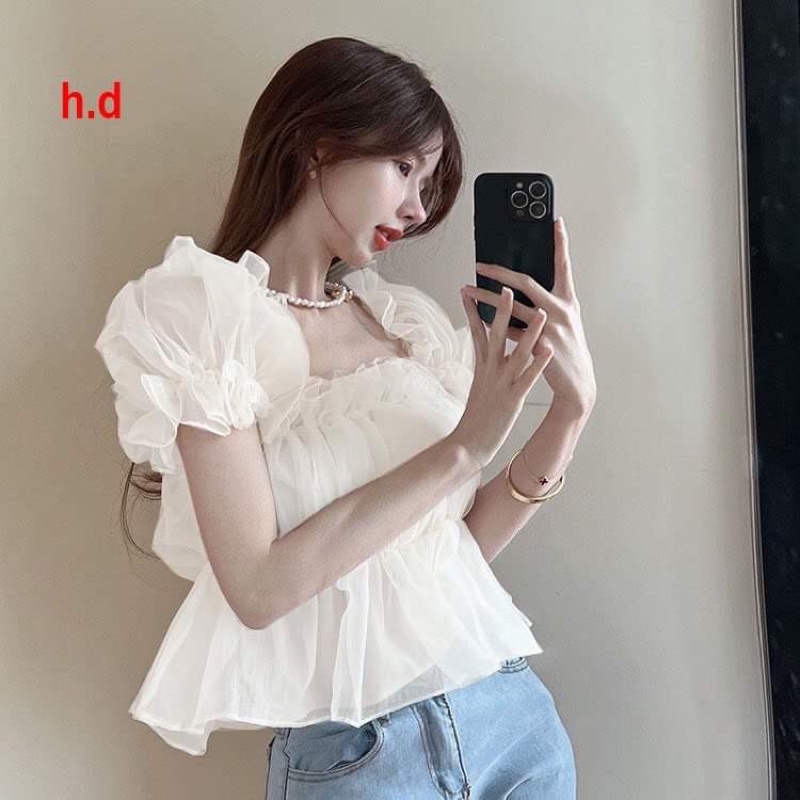 Áo trễ vai tay bồng voan lụa 2 lớp cộc tay kiểu dáng hàn quốc ulzzang vintage tiểu thư ❤Croptop Tay Phồng Màu Trơn