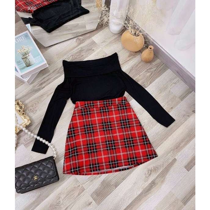 Hàng TK - Set áo bẹt vai đen tay dài phối chân váy ngắn caro đỏ - bộ áo váy rời đi chơi đi dạo dự tiệc - hình sàn thật