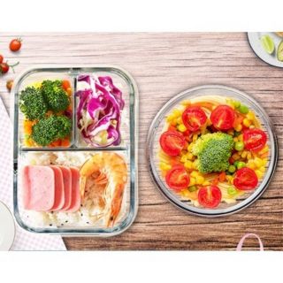 Bộ 2 hộp cơm thủy tinh chia ngăn tặng túi giữ nhiệt và hộp đũa thìa