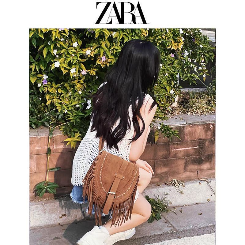 Túi Đeo Chéo Zara Giả Da Lộn Đính Tua Rua Phong Cách Dân Tộc Thời Trang Cho Nữ