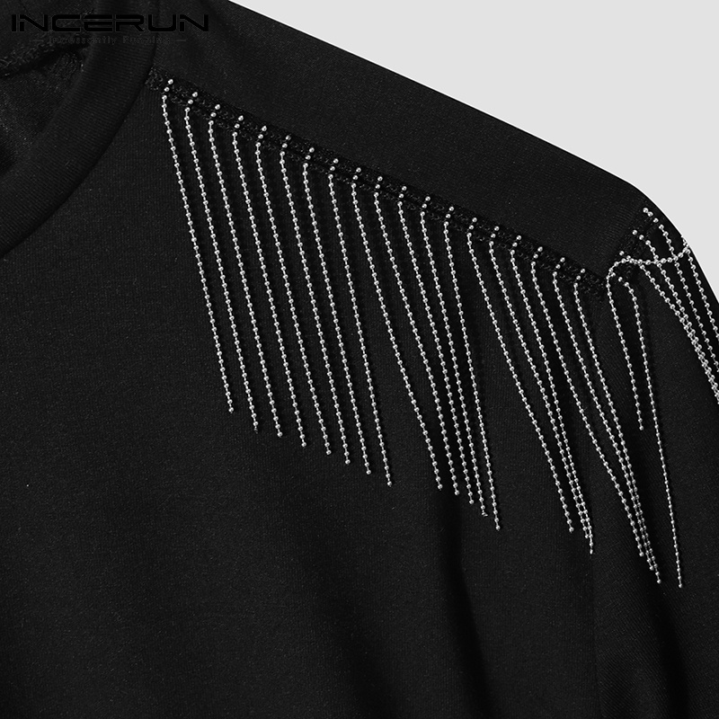 Áo thun INCERUN tay ngắn cổ tròn dáng rộng họa tiết tua rua thời trang cho nam