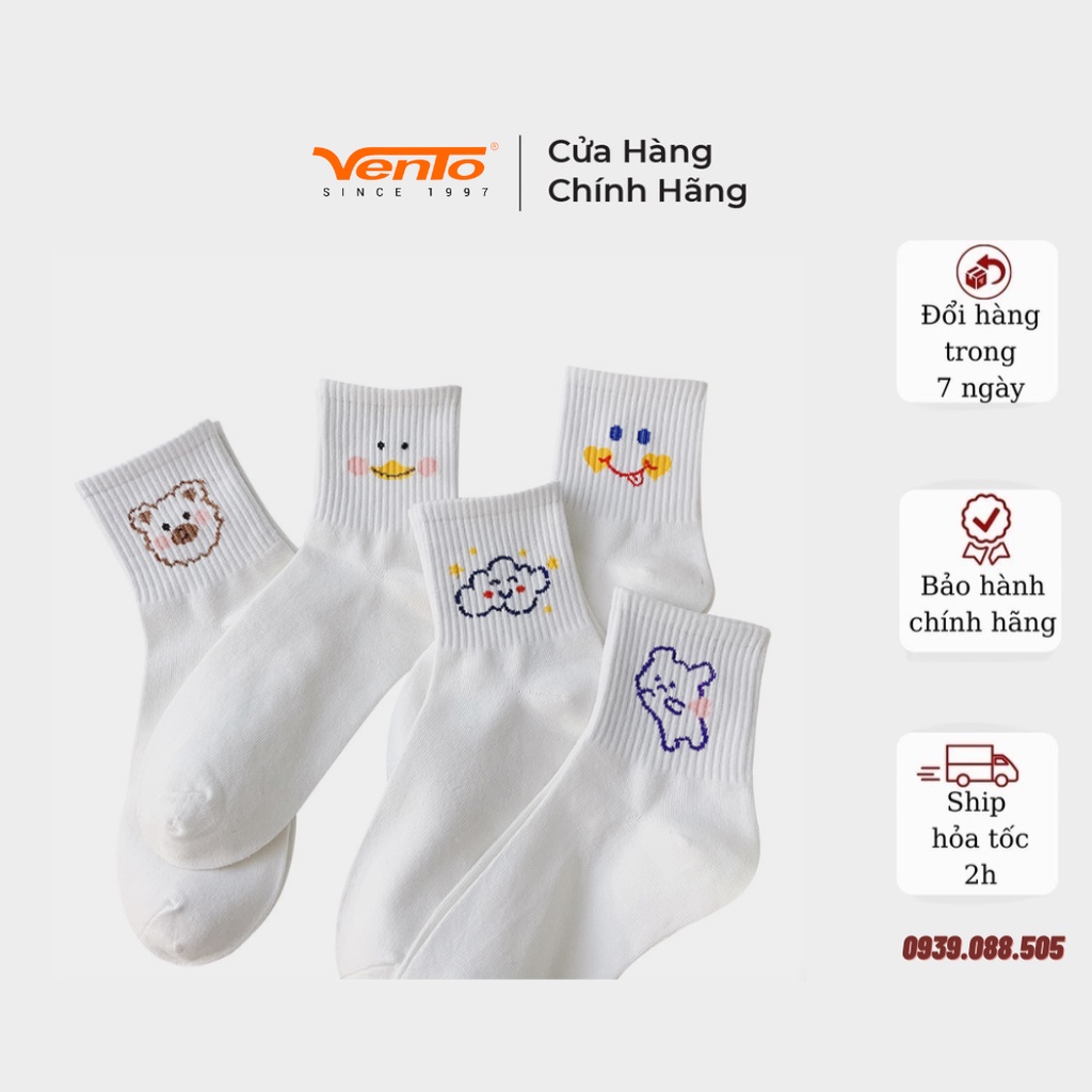 Set 5 Tất Nữ Vento Cổ Lửng Họa Tiết Dễ Thương Chất Liệu Cotton Cao Cấp Thoáng Khí