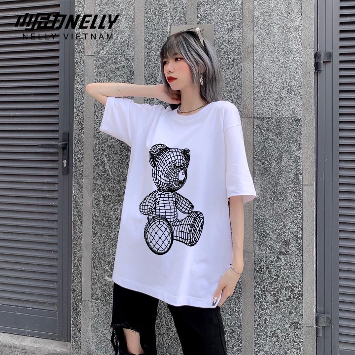 Áo thun tay lỡ NELLY 100% cotton form dáng rộng unisex bear line